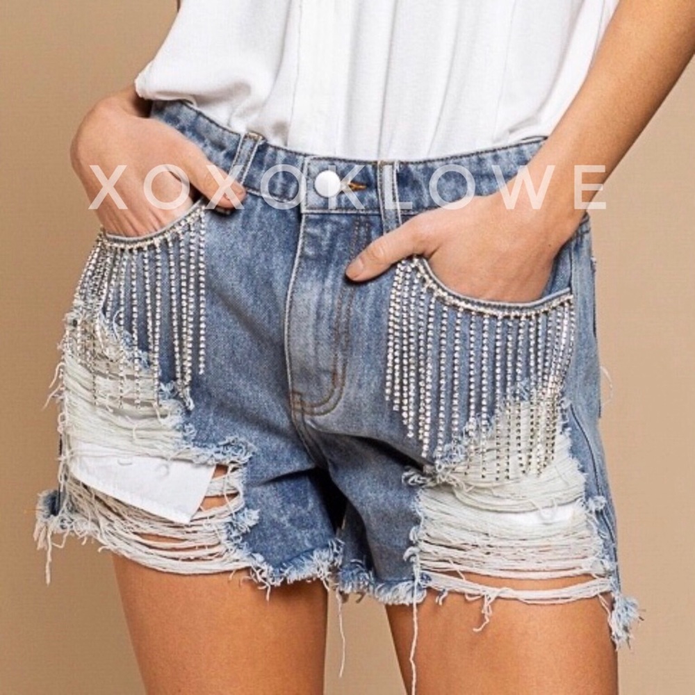 Bling Bling Sequin Denim Fringe Shorts - Picture 14 of 15